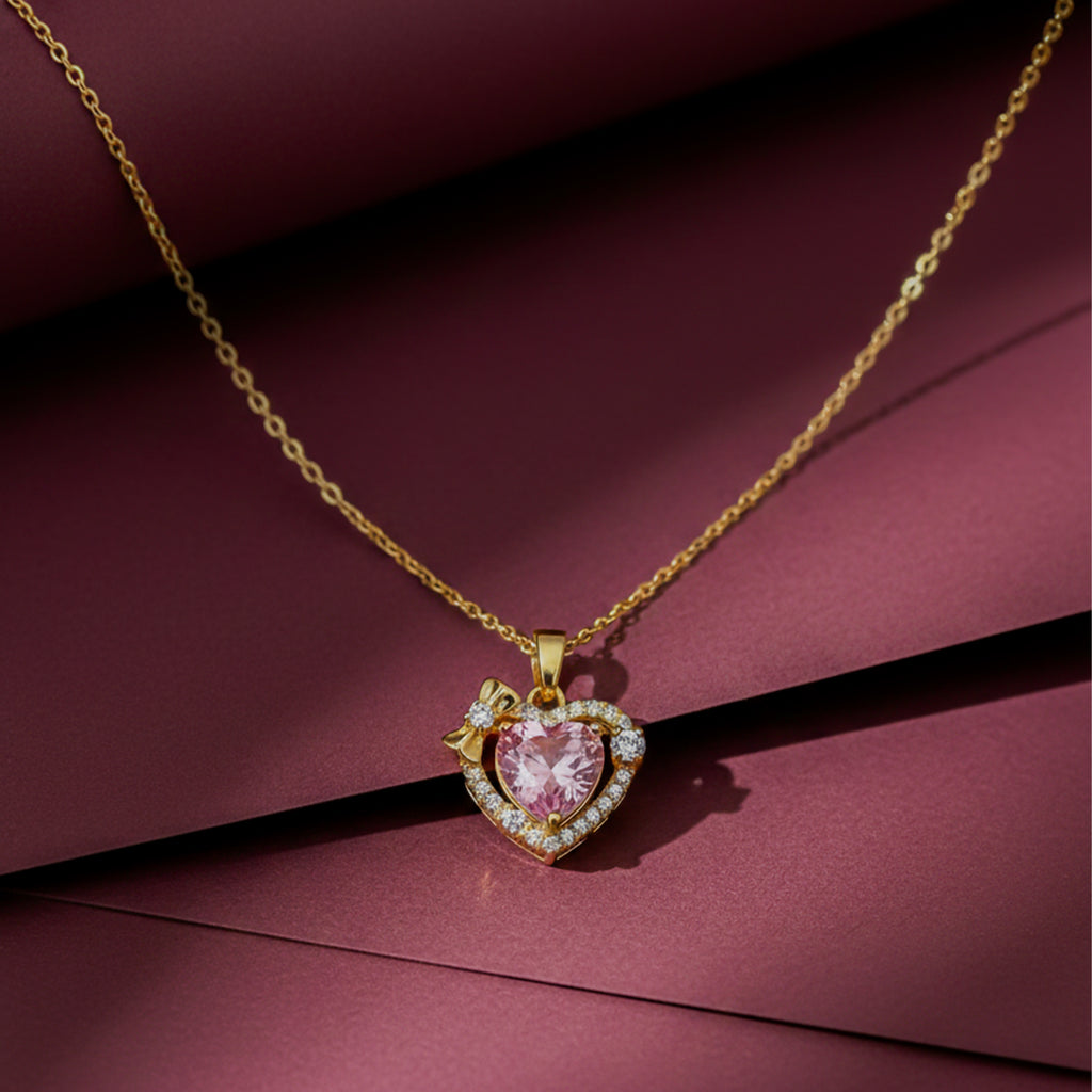 Classic Pink Heart Halo Bow Necklace GWN -79