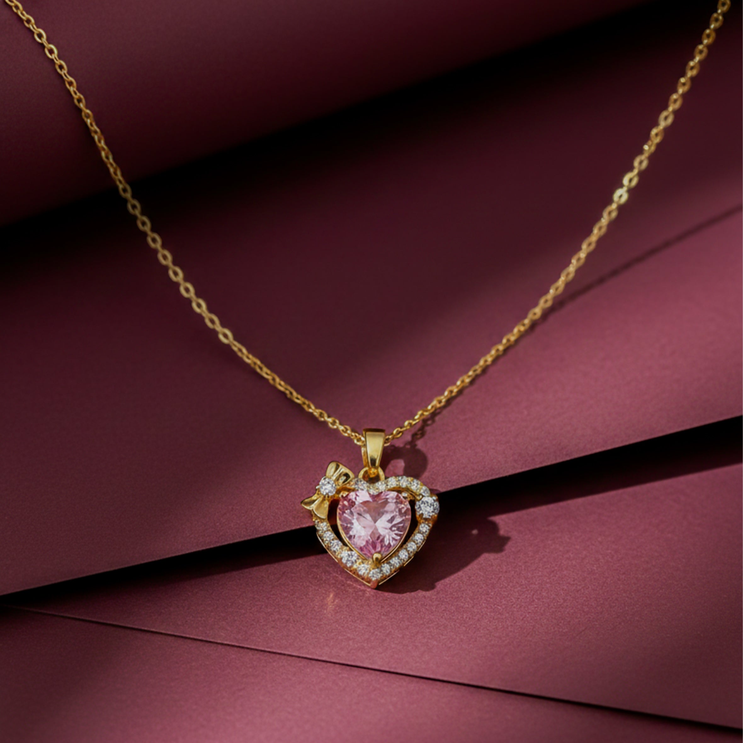 Classic Pink Heart Halo Bow Necklace GWN -79