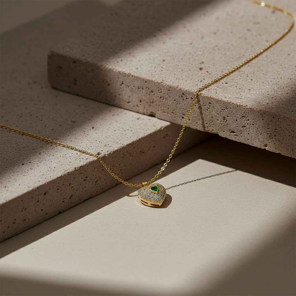 Modern Emerald Heart Double Halo Necklace GWN -121