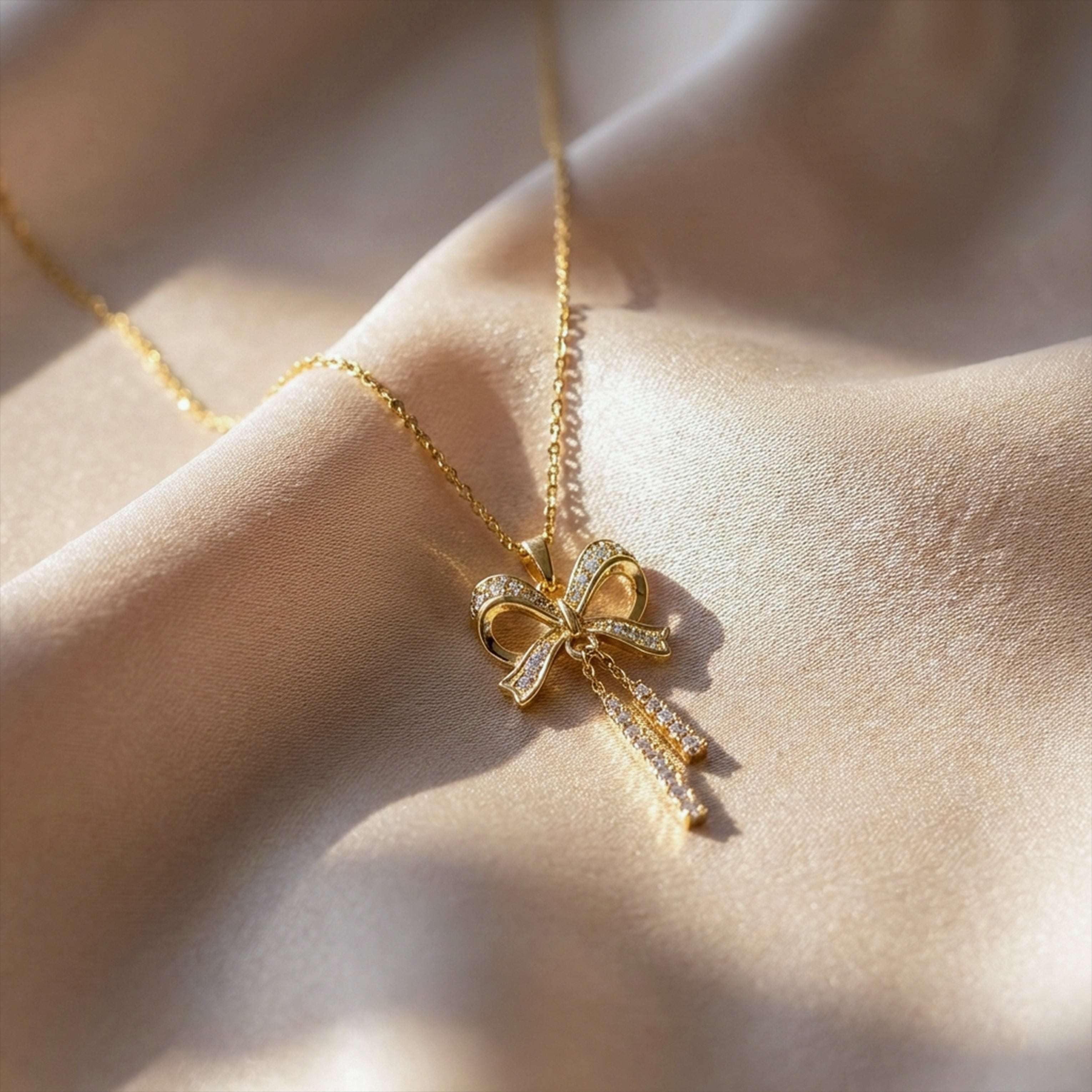 Modern Crystal Ribbon Bow Tassel Necklace GWN -91