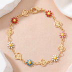 Vibrant Enamel Daisy & Textured Heart Link Bracelet GWB-13