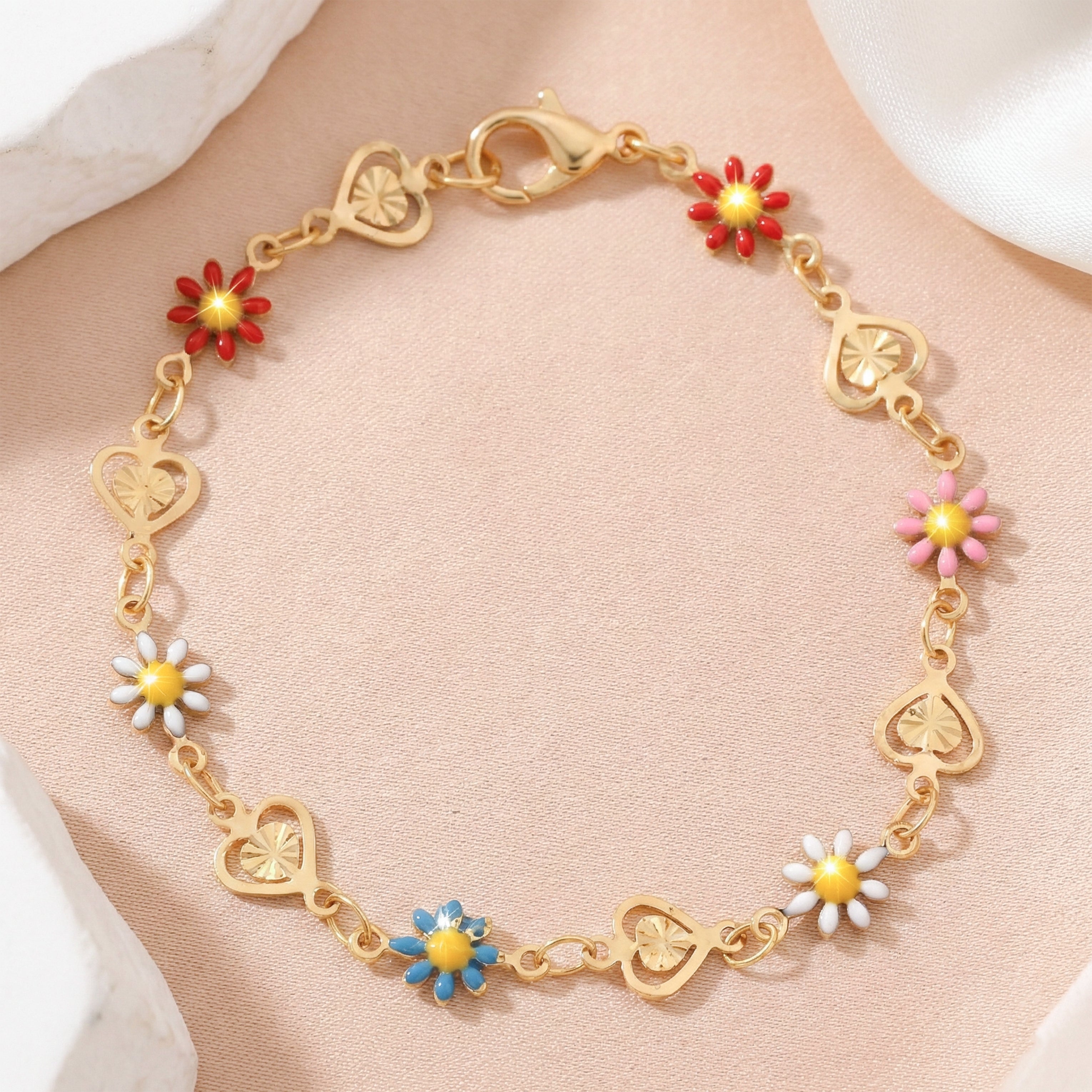 Vibrant Enamel Daisy & Textured Heart Link Bracelet GWB-13