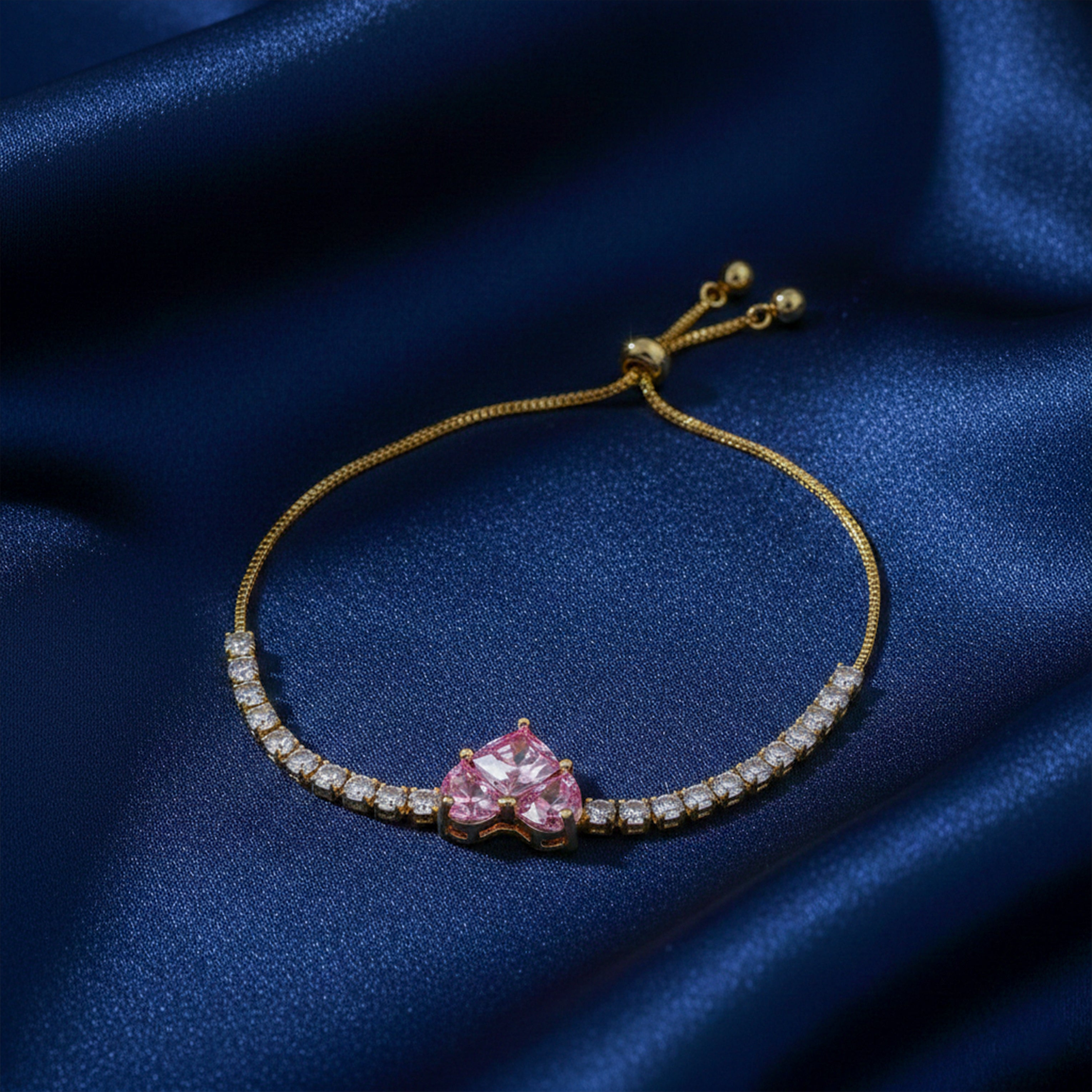 Imperial Pink Heart Solitaire & Crystal Tennis Bolo Bracelet GWB-117
