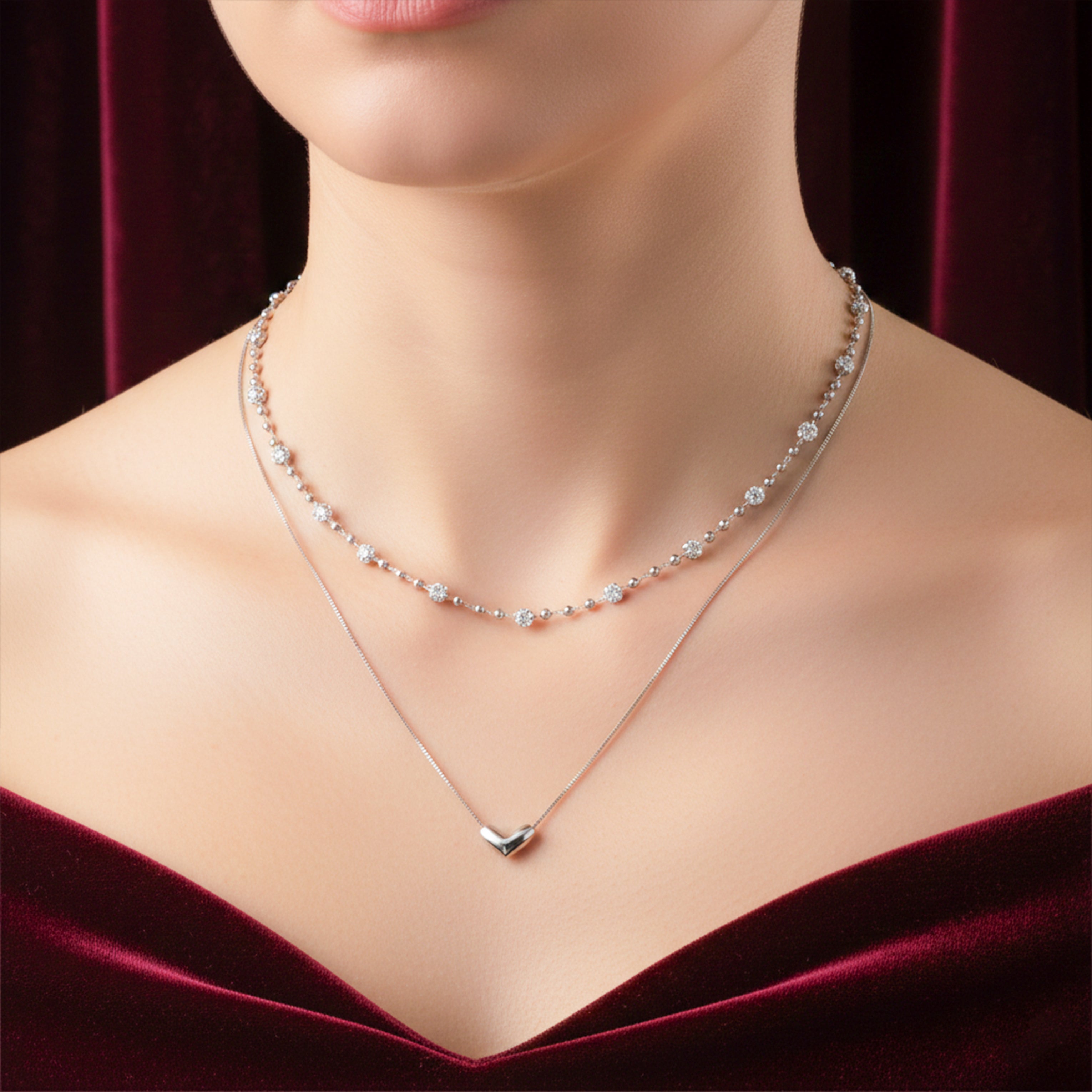 Modern Dual Layer Beaded Heart Necklace Silver GWN -64