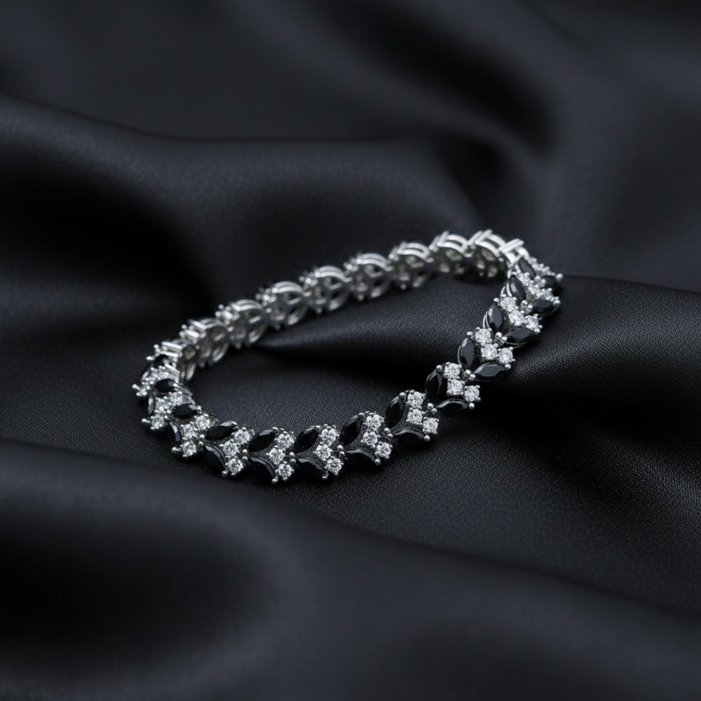 Midnight Onyx Marquise & Crystal Leaf Tennis Bracelet GWB-144