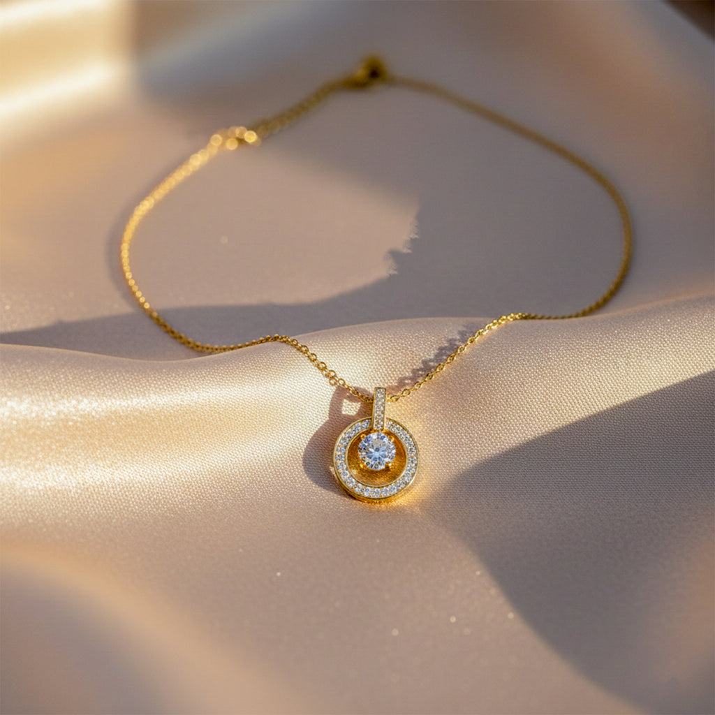 Modern Circular Solitaire Halo Necklace GWN -139