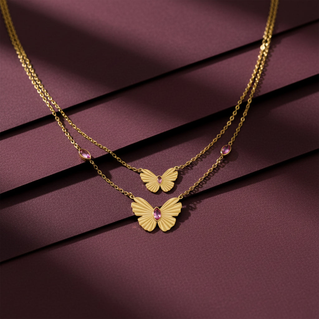 Modern Fluted Butterfly Dual Layer Necklace GWN -113