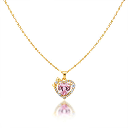 Classic Pink Heart Halo Bow Necklace GWN -79