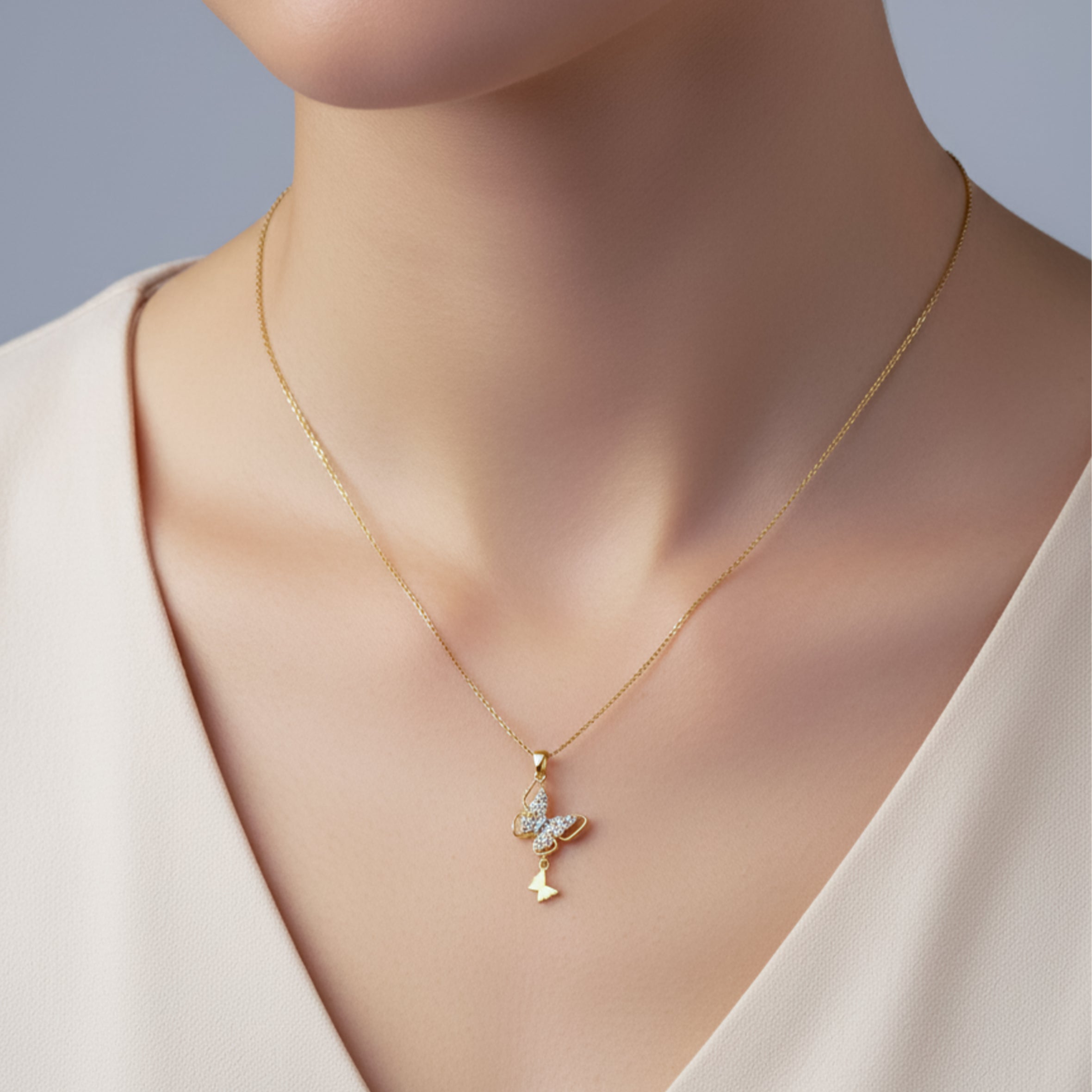 Modern Crystal Twin Butterfly Drop Necklace GWN -142