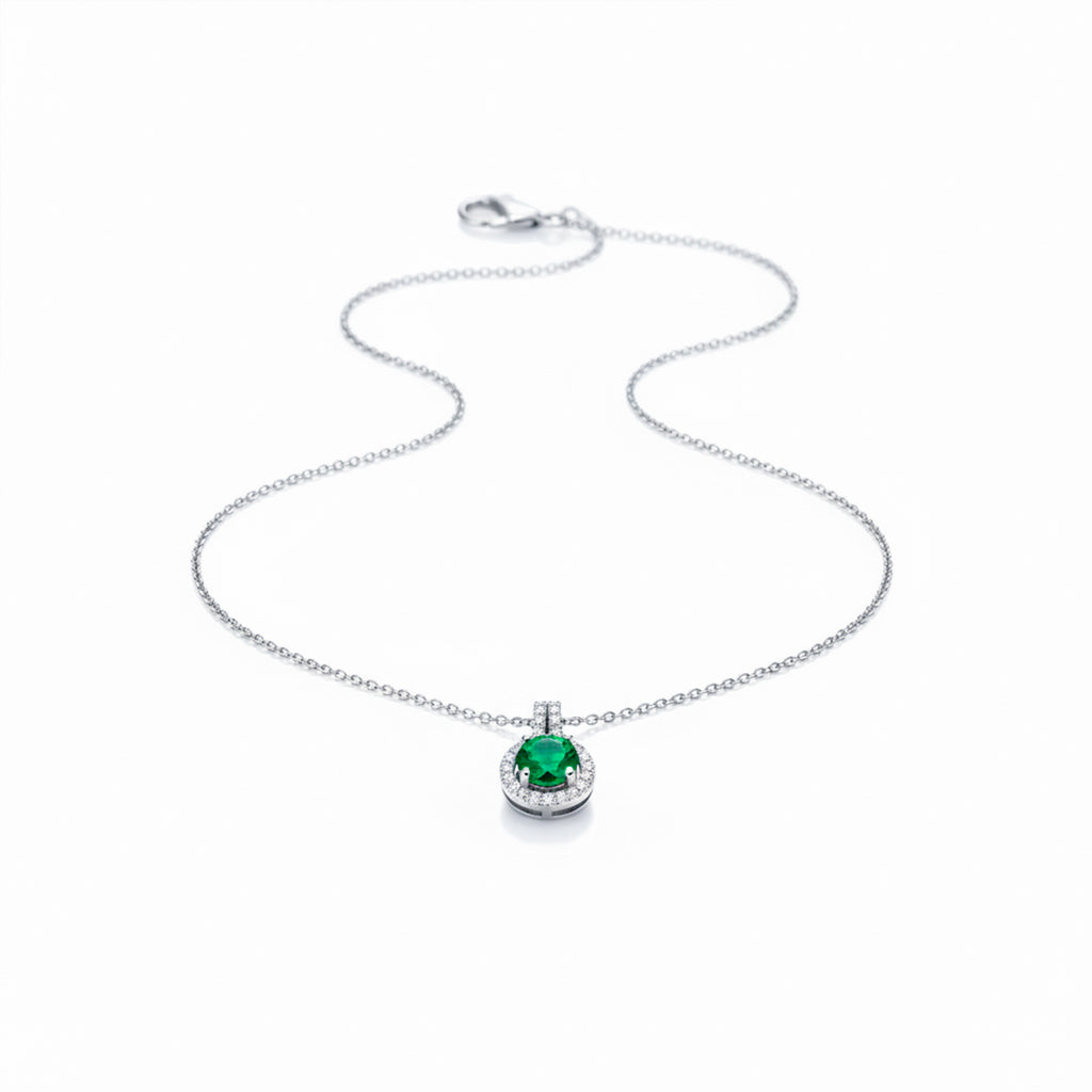 Modern Emerald Green Halo Solitaire Necklace GWN -161