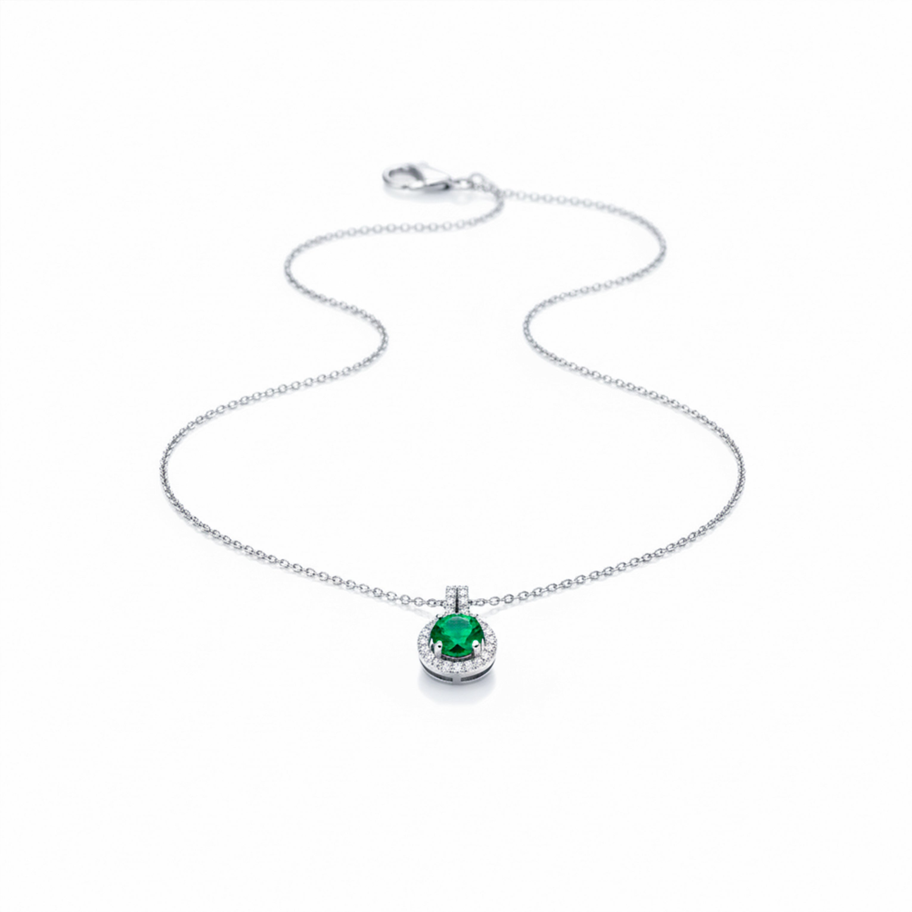 Modern Emerald Green Halo Solitaire Necklace GWN -161
