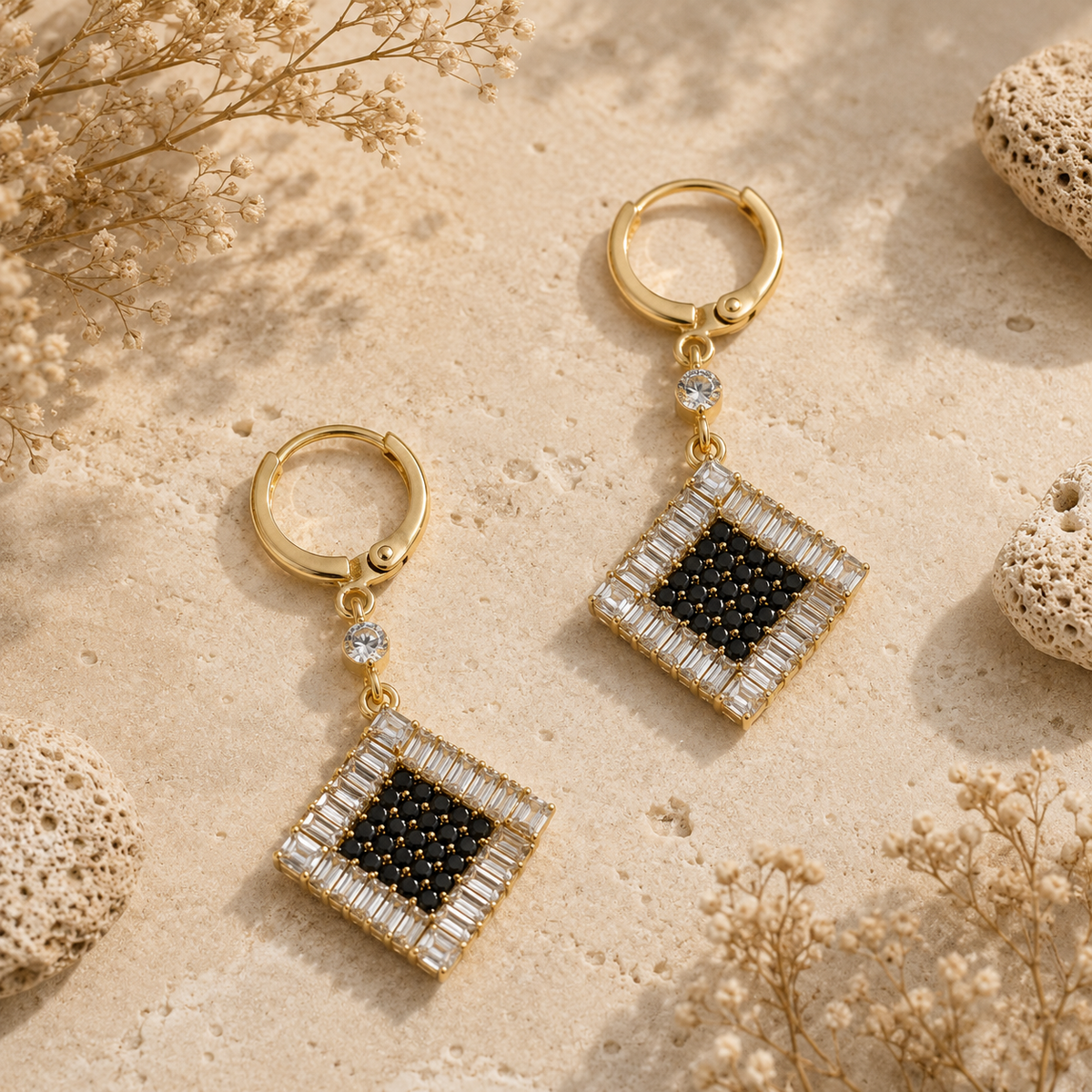 Classic Square Black Noir Hoop Earrings GWE -150
