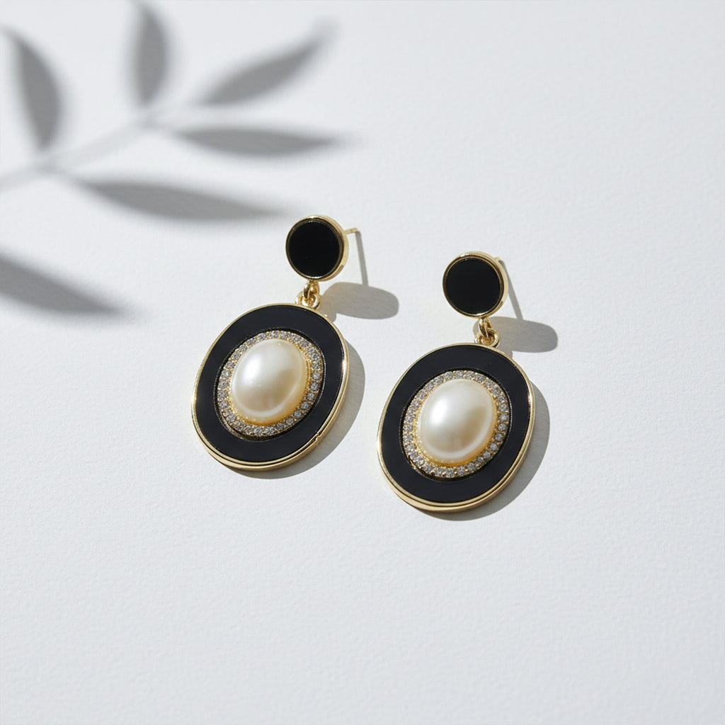 Vintage Black Enamel Pearl Earrings GWE -20