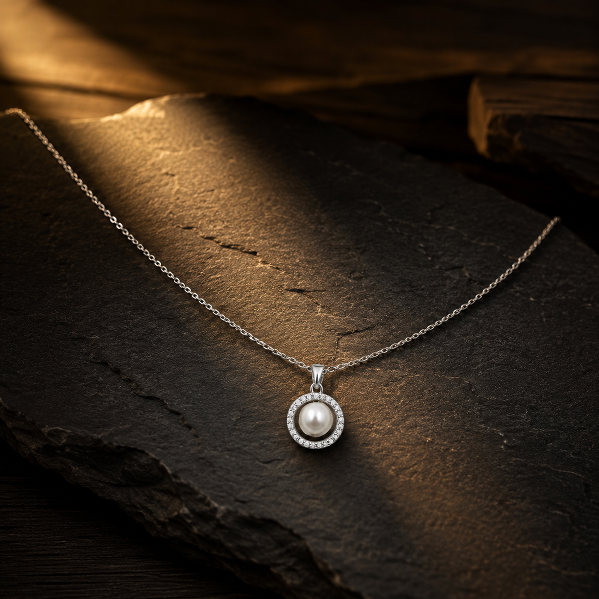 Silver Pearl Halo Pendant Necklace GWN -58