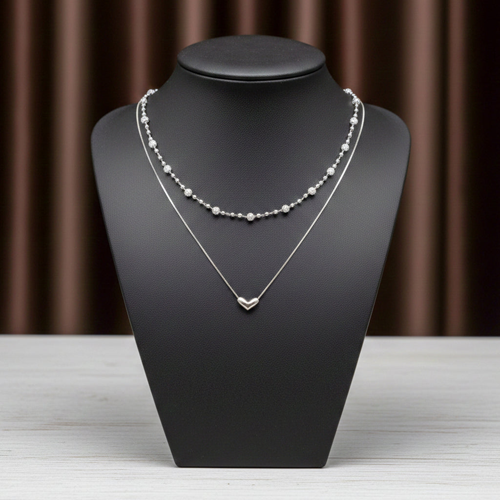 Modern Dual Layer Beaded Heart Necklace Silver GWN -64