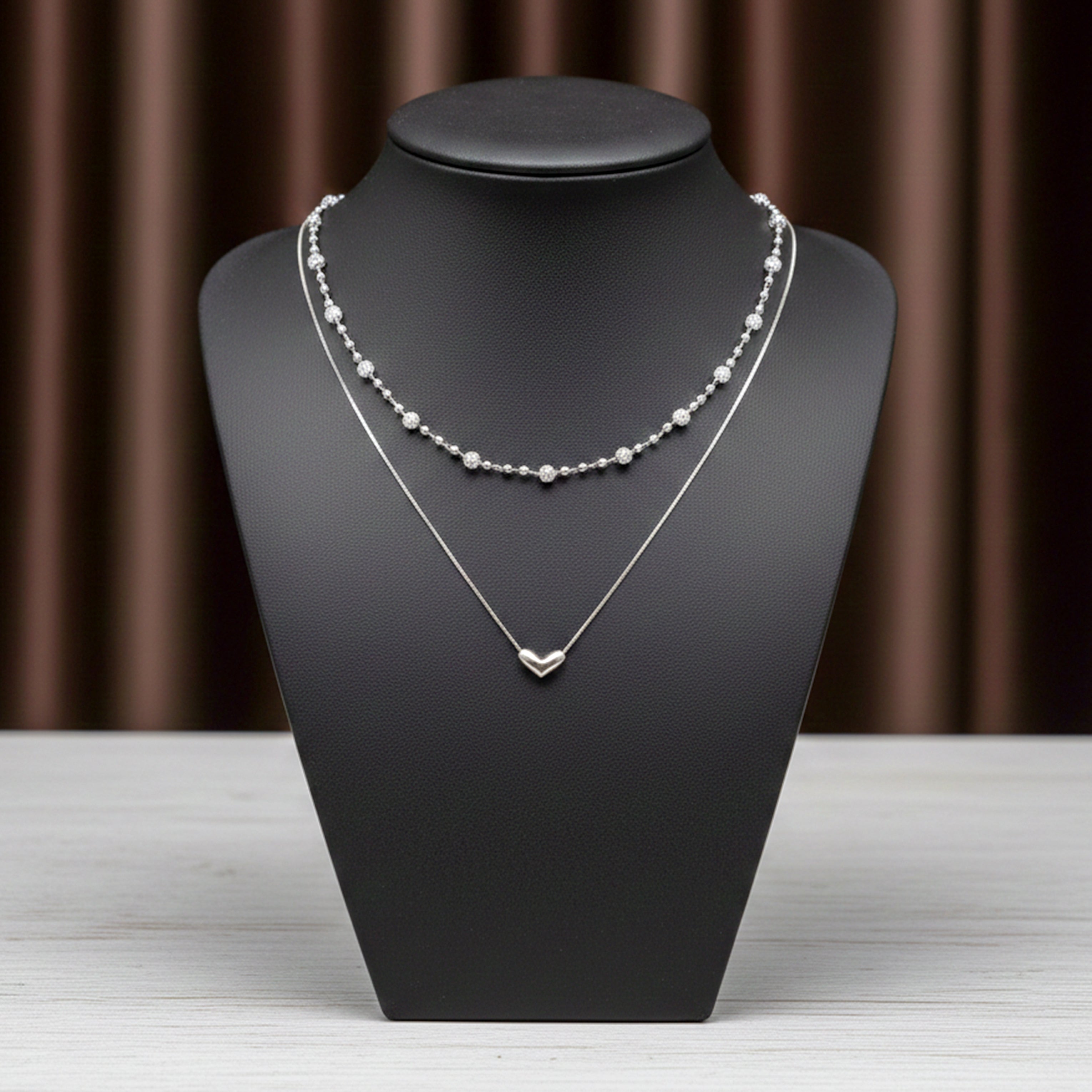 Modern Dual Layer Beaded Heart Necklace Silver GWN -64
