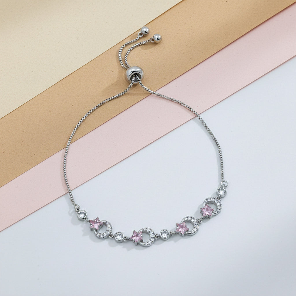 Imperial Silver Crescent Moon & Pink Star Bolo Bracelet GWB-157