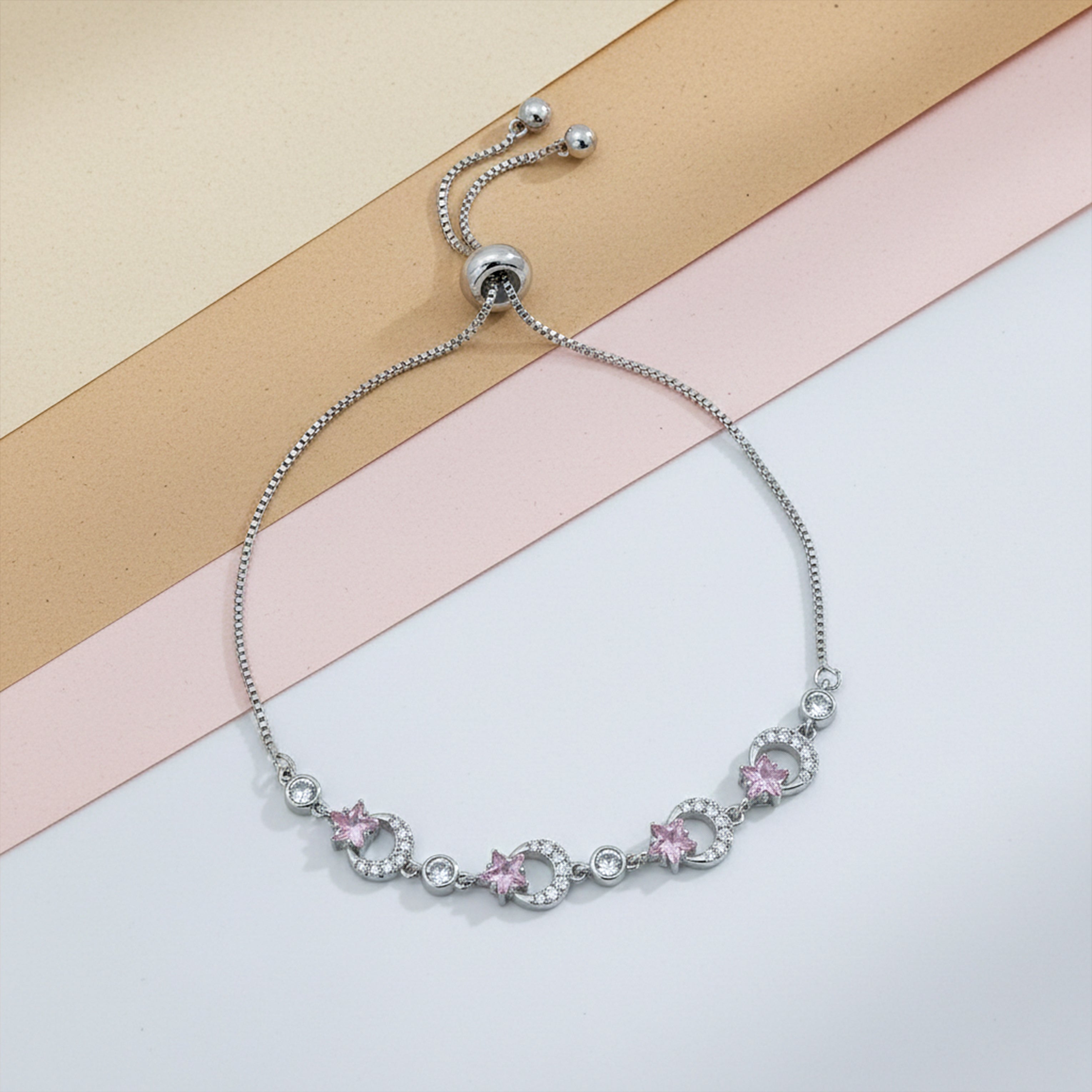 Imperial Silver Crescent Moon & Pink Star Bolo Bracelet GWB-157