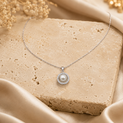 Silver Pearl Halo Pendant Necklace GWN -58