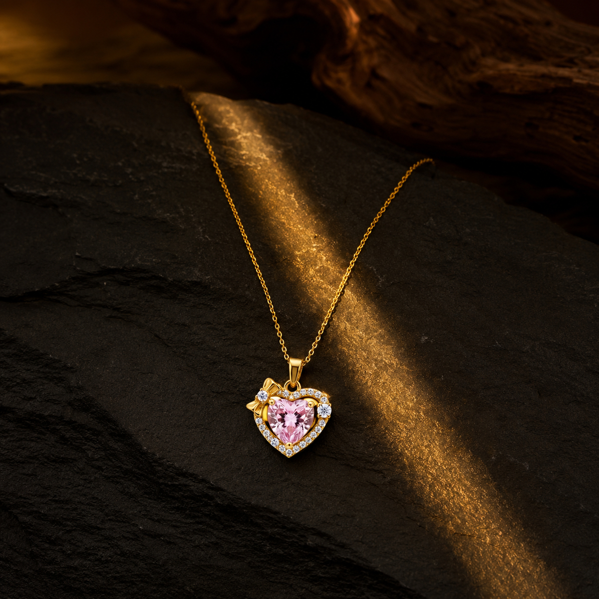Classic Pink Heart Halo Bow Necklace GWN -79
