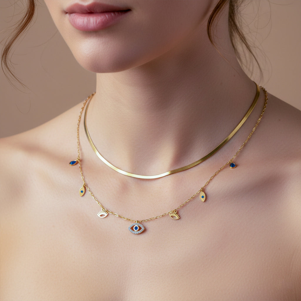 Modern Evil Eye Herringbone Layered Necklace GWN -104