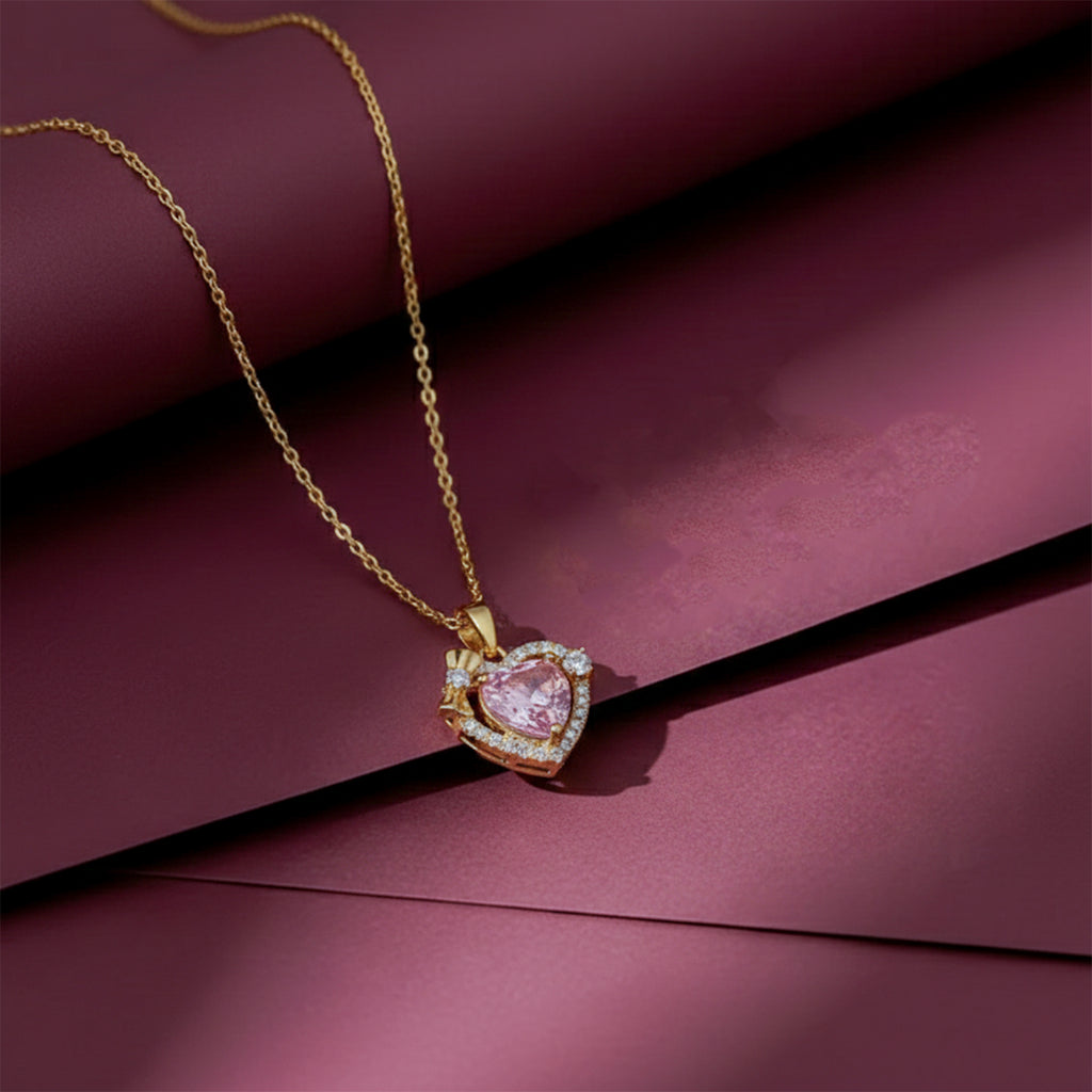 Classic Pink Heart Halo Bow Necklace GWN -79