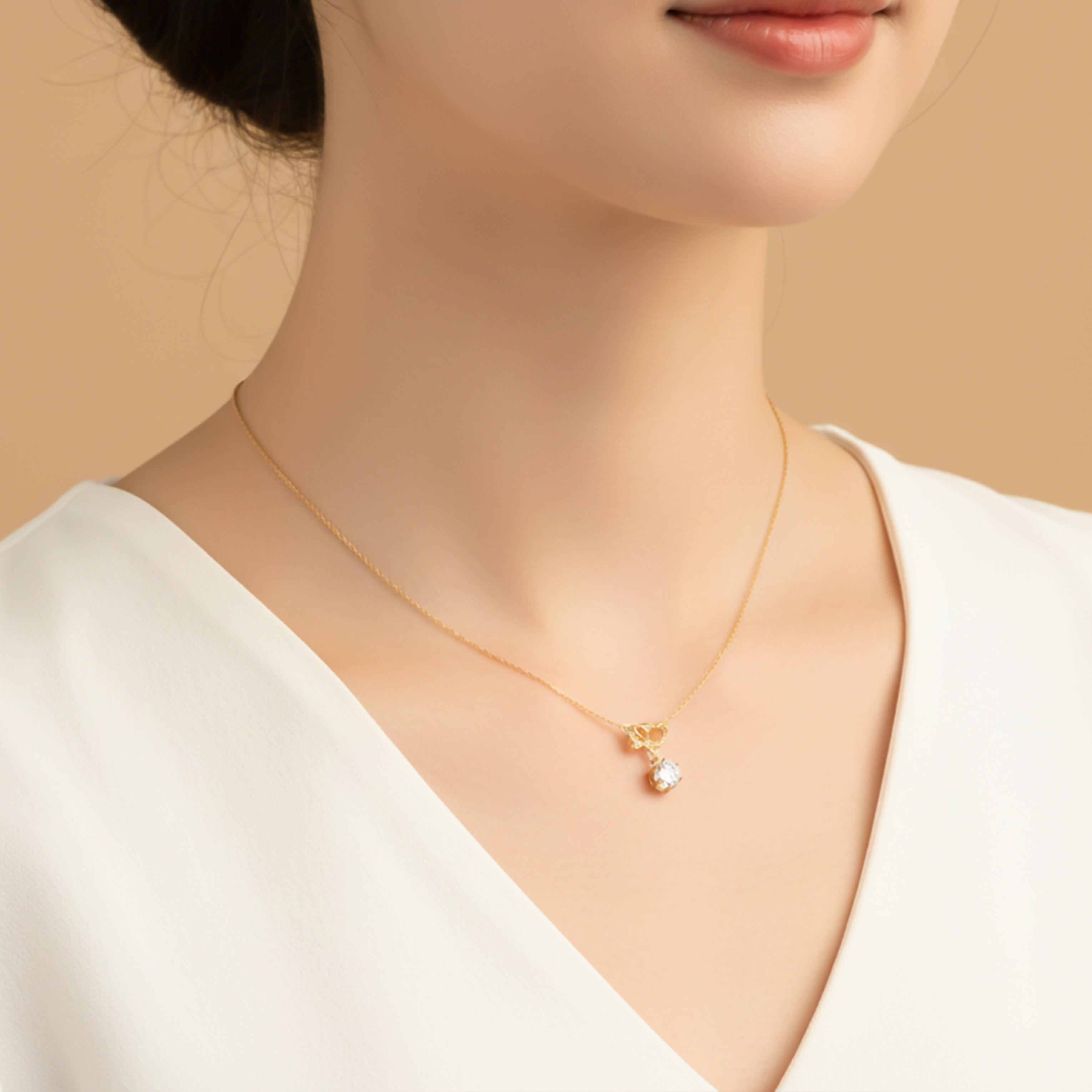 Modern Crystal Ribbon Bow Solitaire Necklace GWN -129