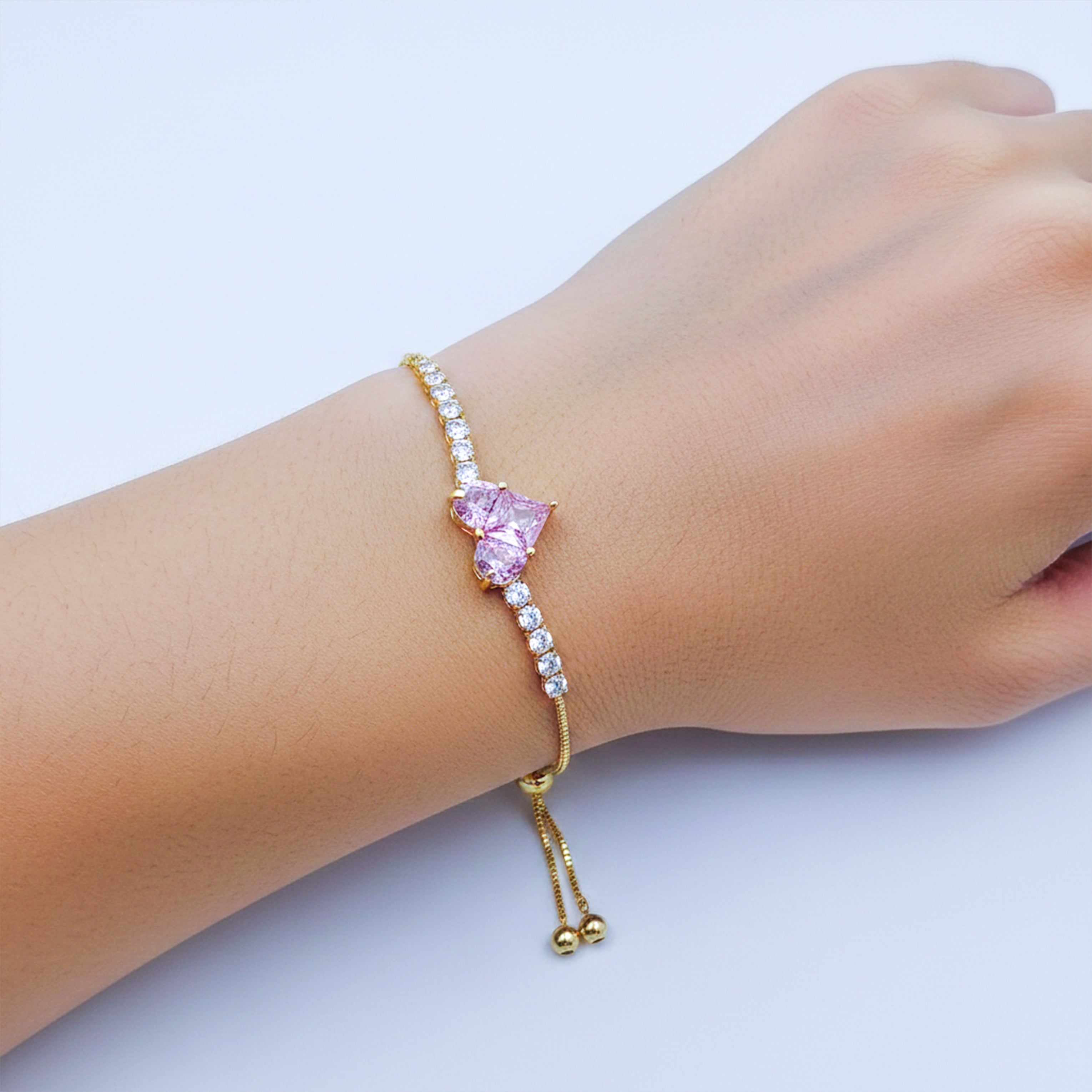 Imperial Pink Heart Solitaire & Crystal Tennis Bolo Bracelet GWB-117