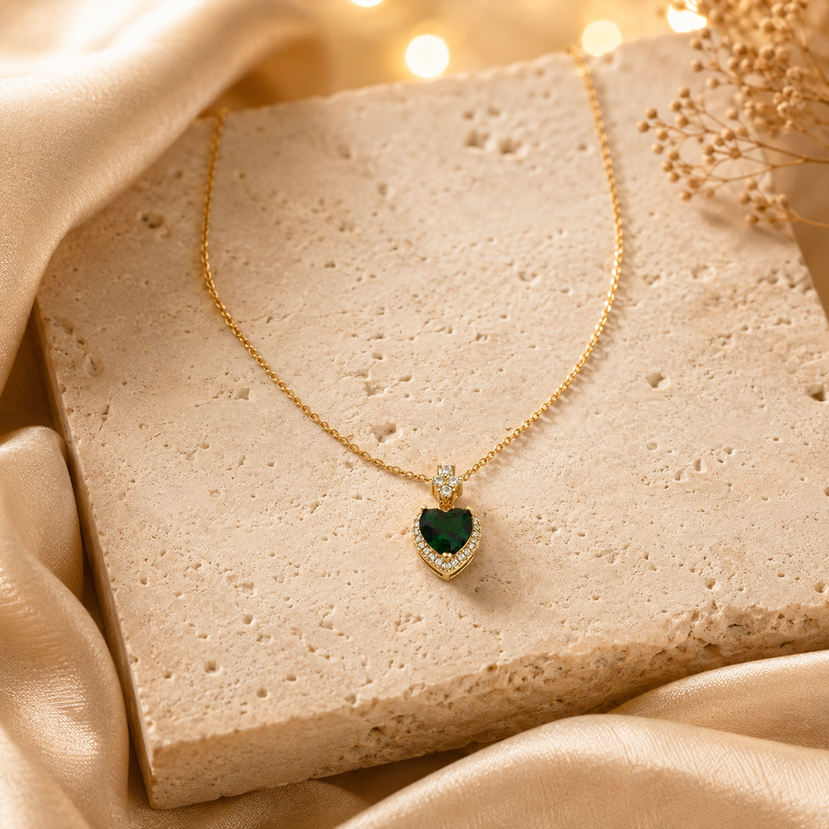 Modern Emerald Heart Halo Pendant Necklace GWN -163