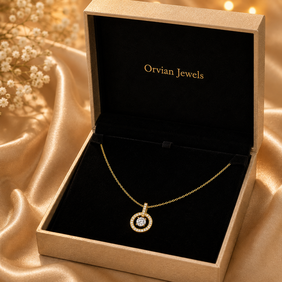 Modern Circular Solitaire Halo Necklace GWN -139