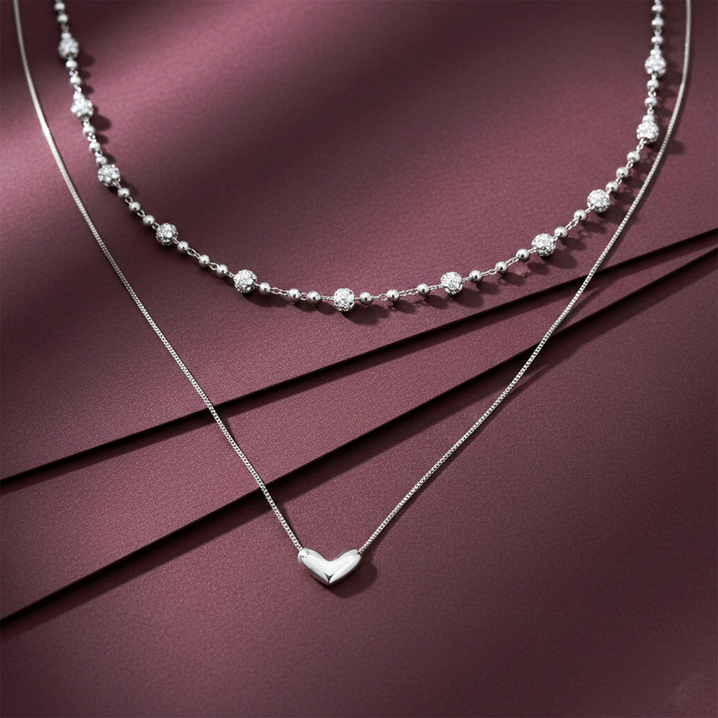Modern Dual Layer Beaded Heart Necklace Silver GWN -64