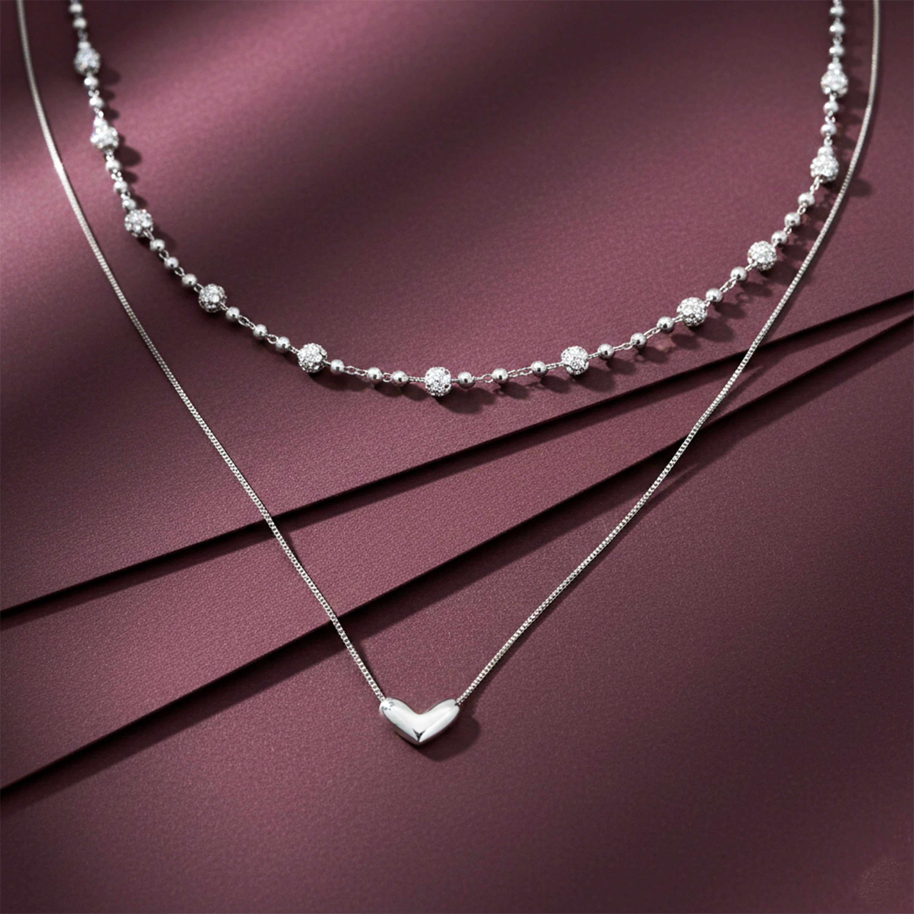 Modern Dual Layer Beaded Heart Necklace Silver GWN -64