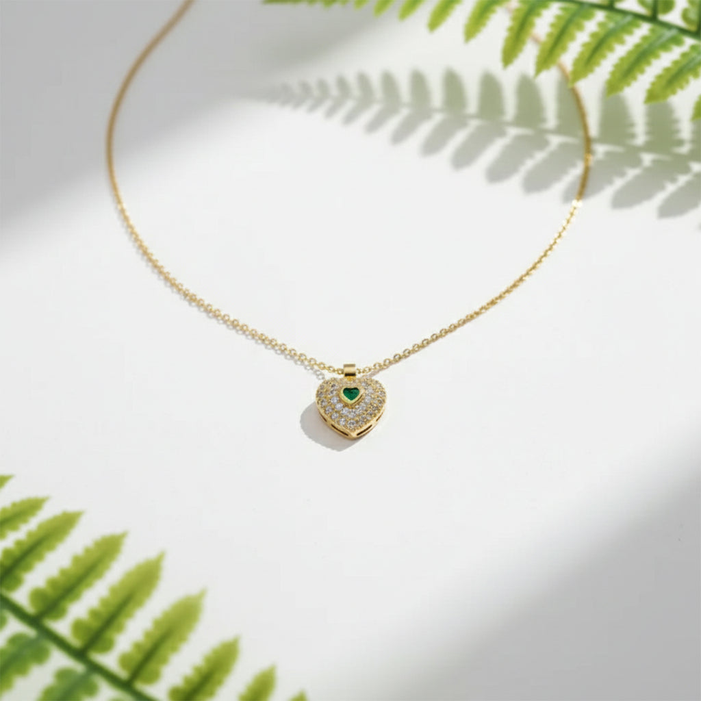 Modern Emerald Heart Double Halo Necklace GWN -121