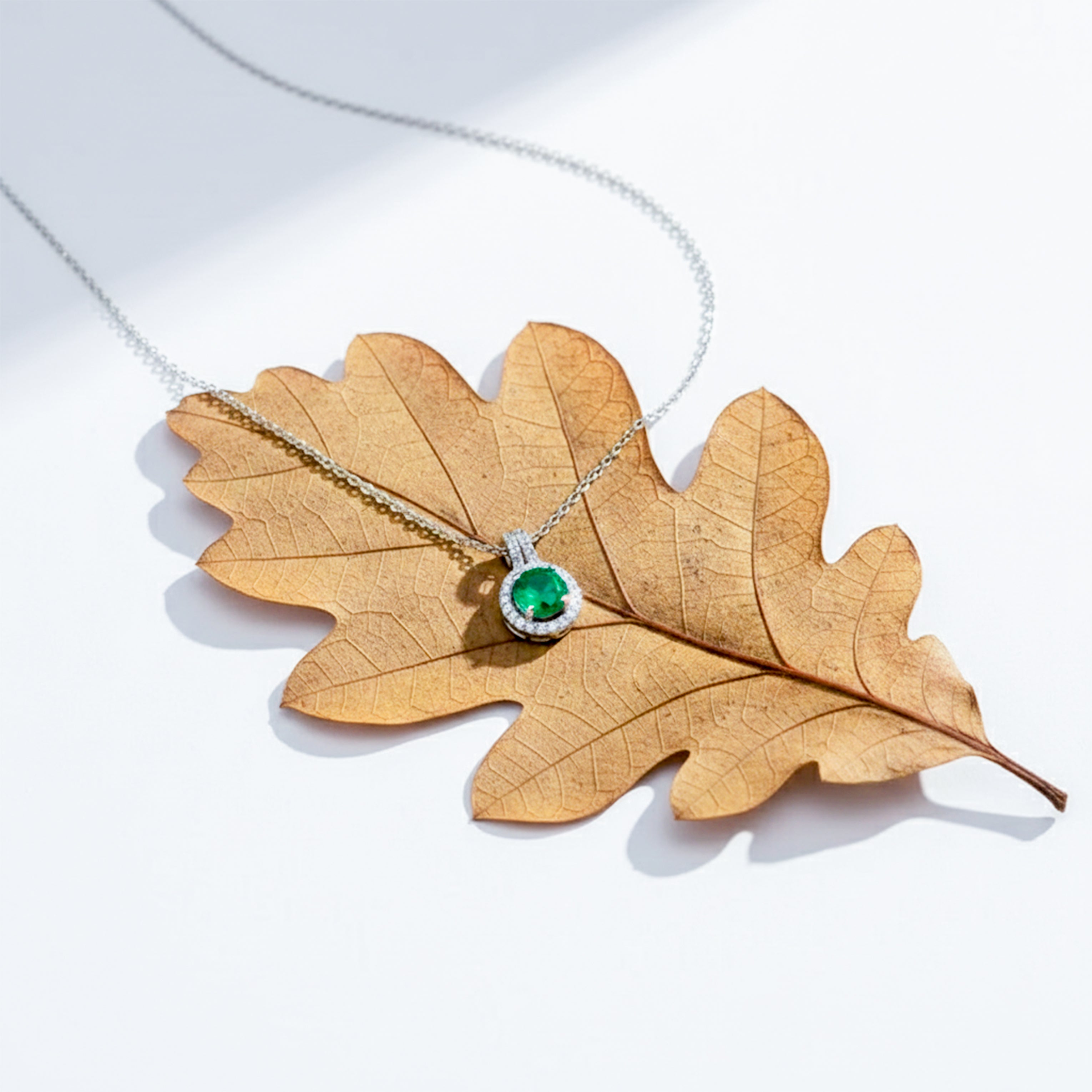 Modern Emerald Green Halo Solitaire Necklace GWN -161