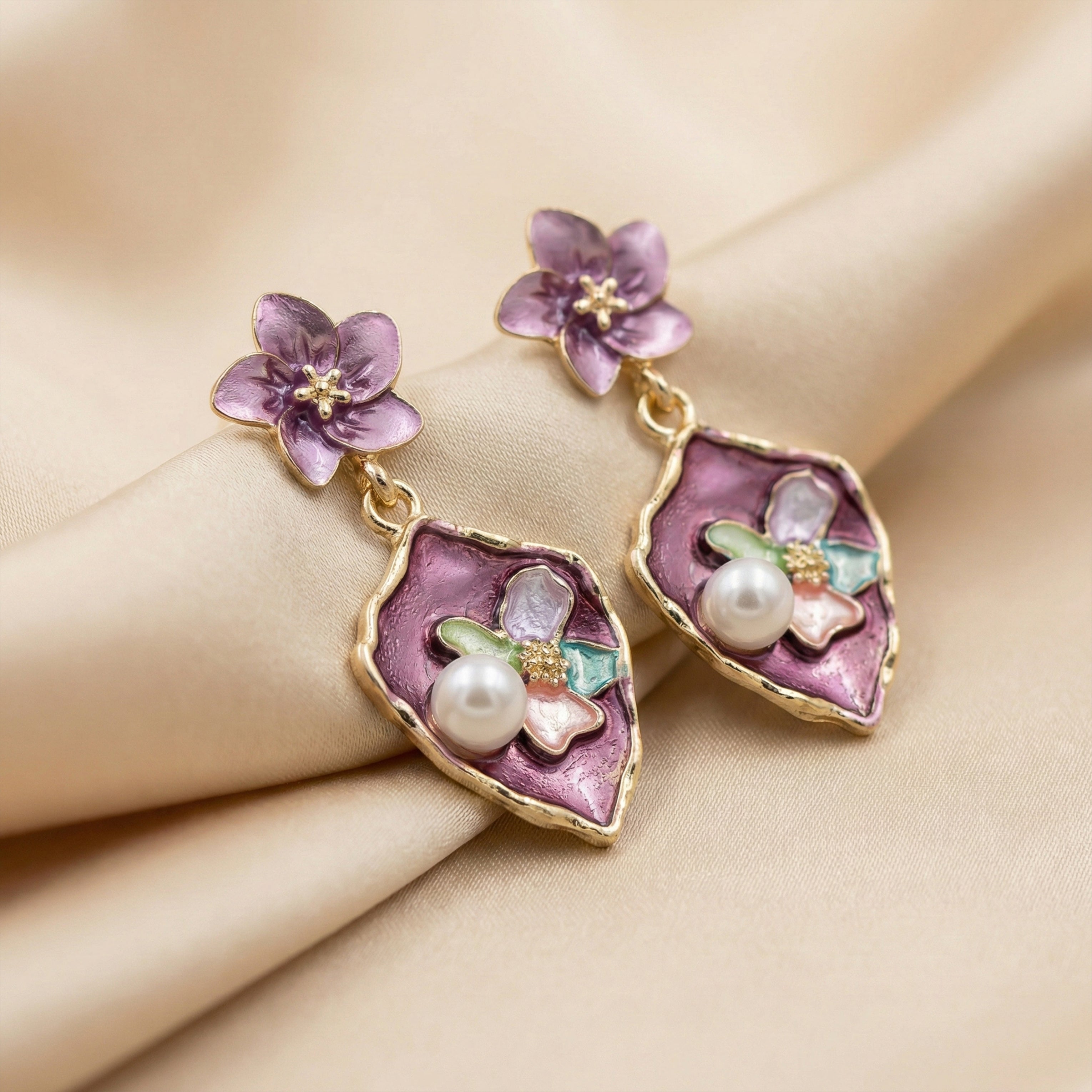 Flora Bloom Purple Enamel Pearl Earrings GWE -180
