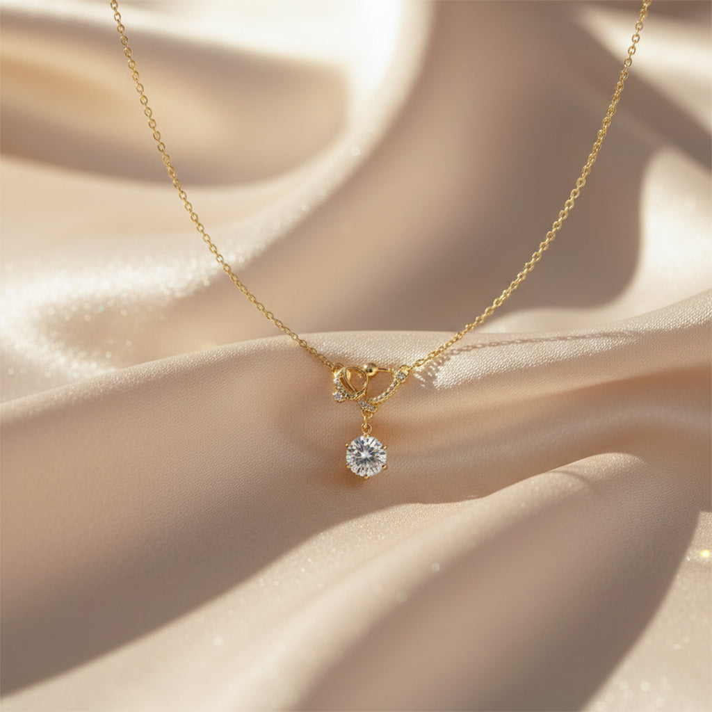 Modern Crystal Ribbon Bow Solitaire Necklace GWN -129