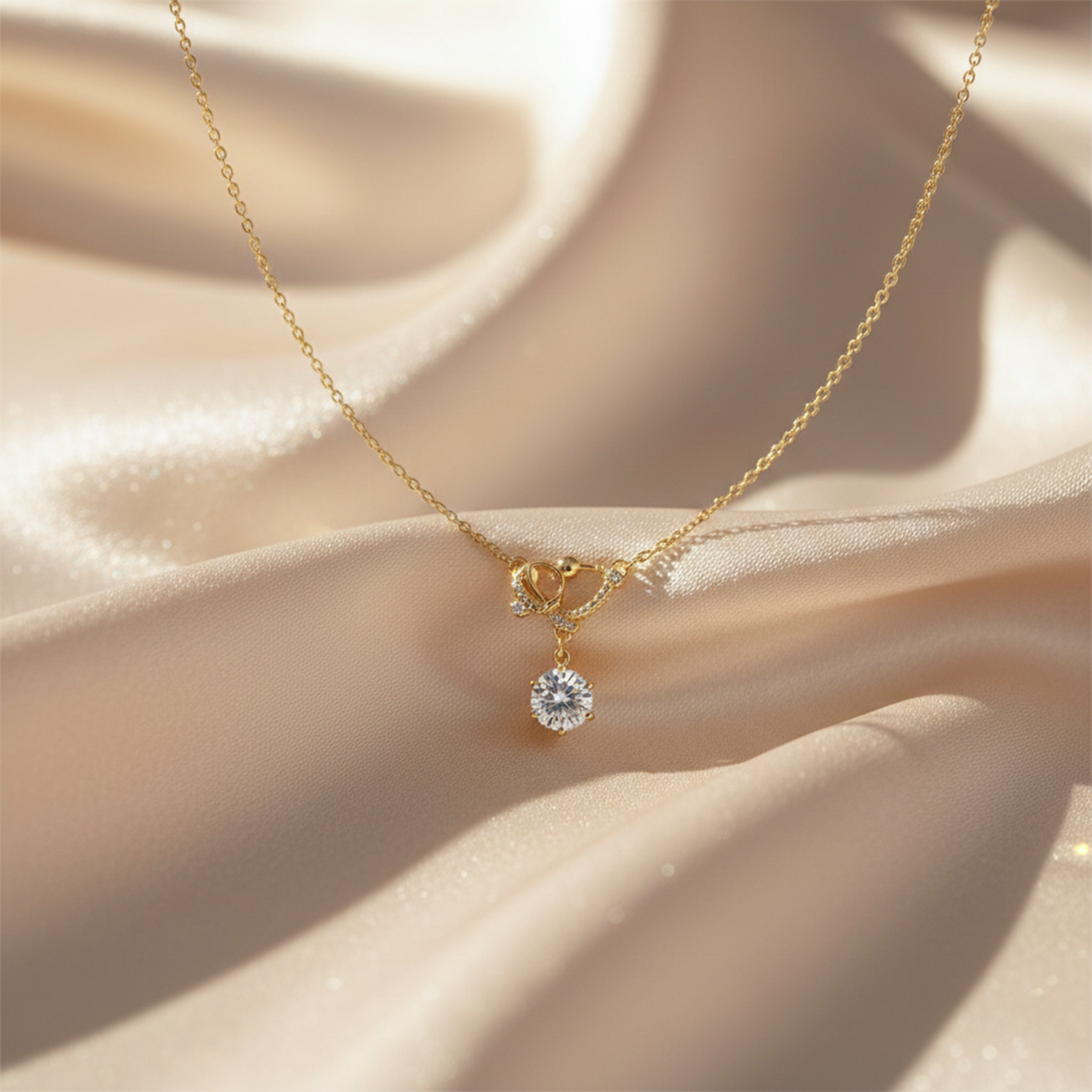 Modern Crystal Ribbon Bow Solitaire Necklace GWN -129
