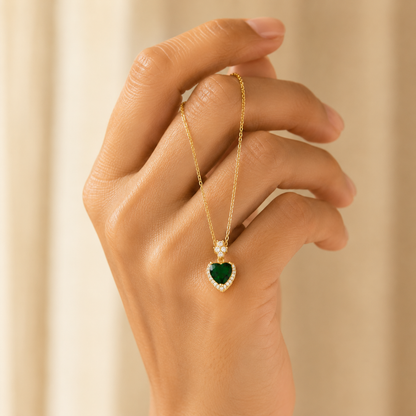 Modern Emerald Heart Halo Pendant Necklace GWN -163