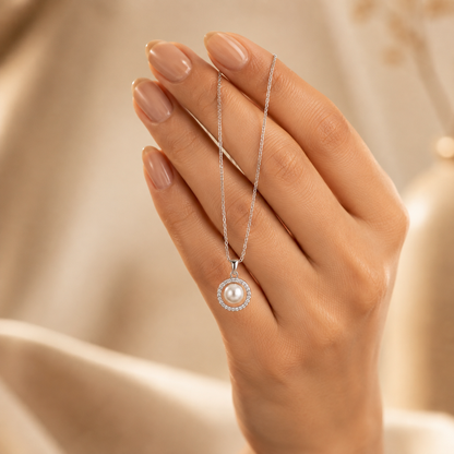 Silver Pearl Halo Pendant Necklace GWN -58
