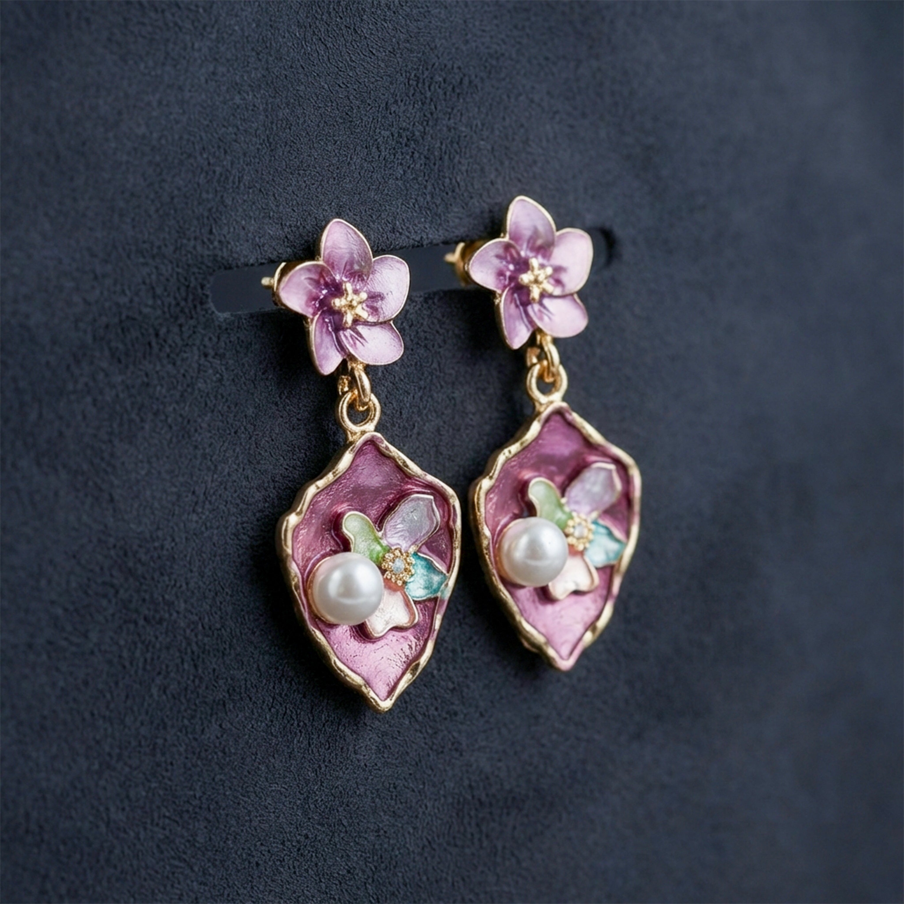 Flora Bloom Purple Enamel Pearl Earrings GWE -180