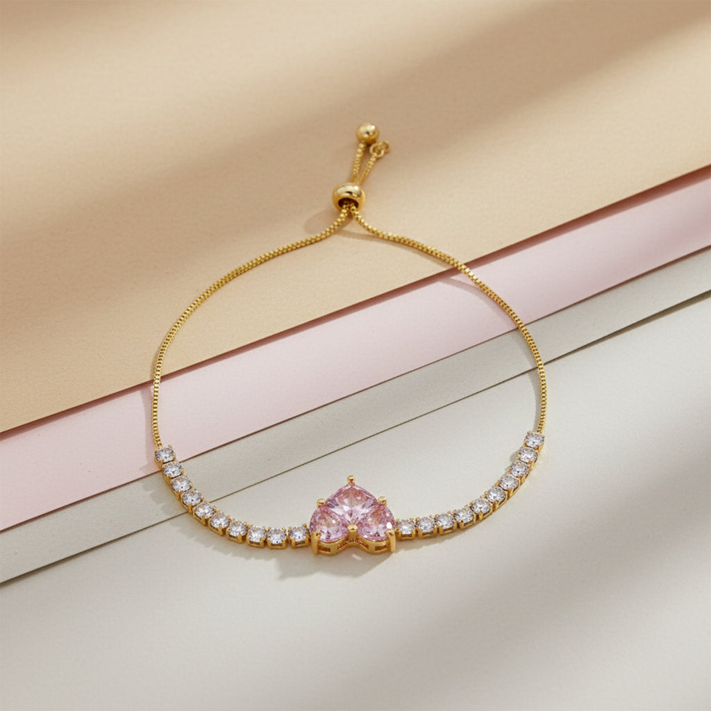 Imperial Pink Heart Solitaire & Crystal Tennis Bolo Bracelet GWB-117
