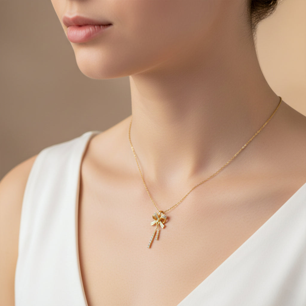 Modern Crystal Ribbon Bow Tassel Necklace GWN -91