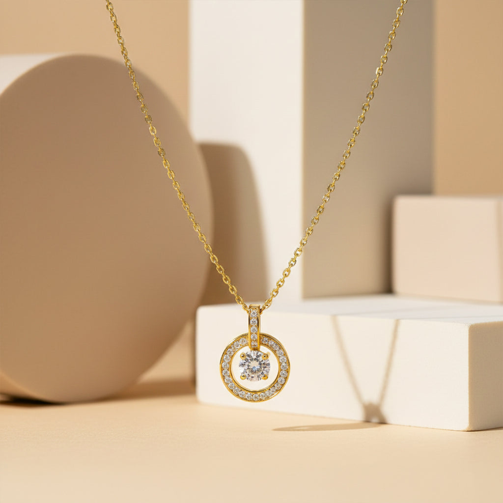 Modern Circular Solitaire Halo Necklace GWN -139