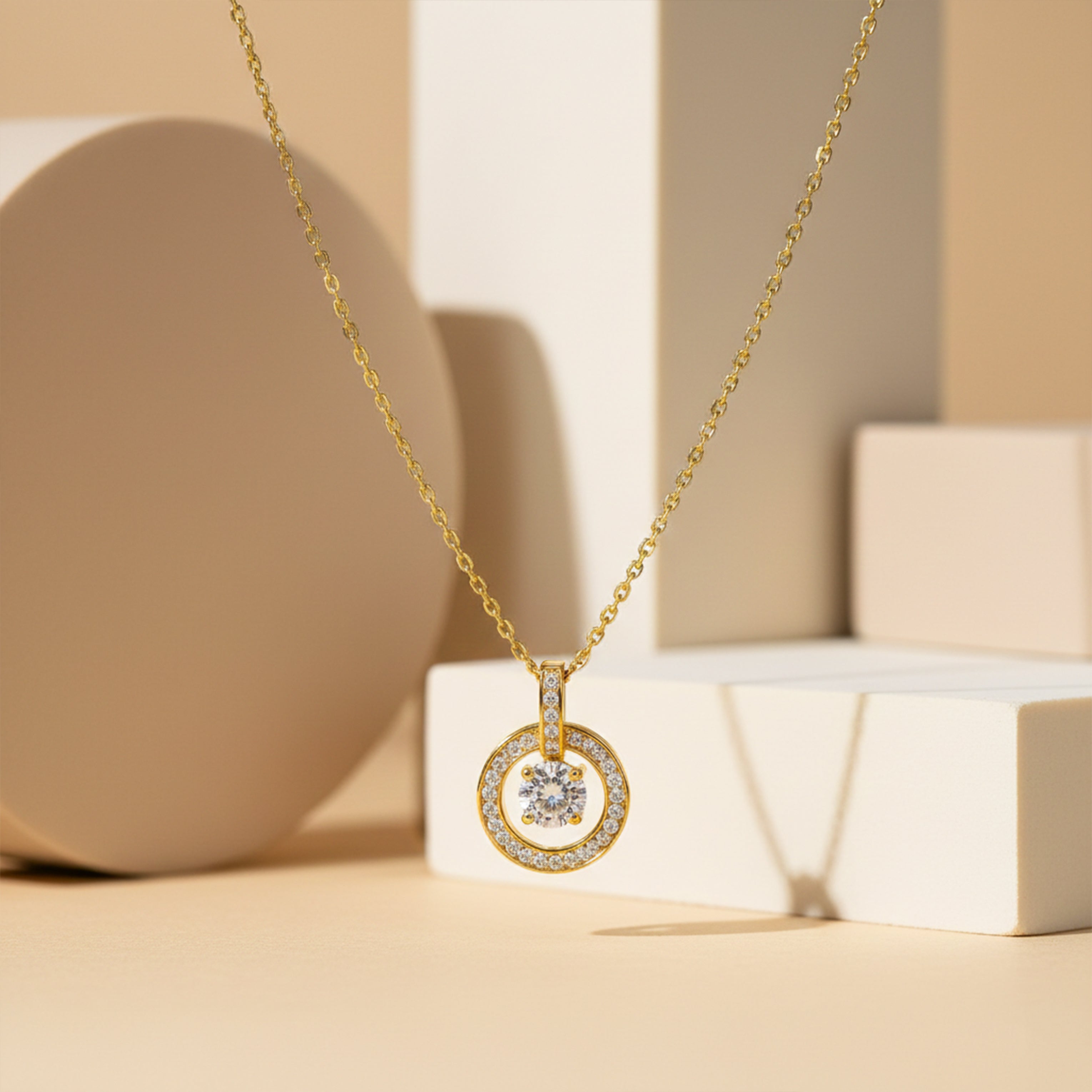 Modern Circular Solitaire Halo Necklace GWN -139