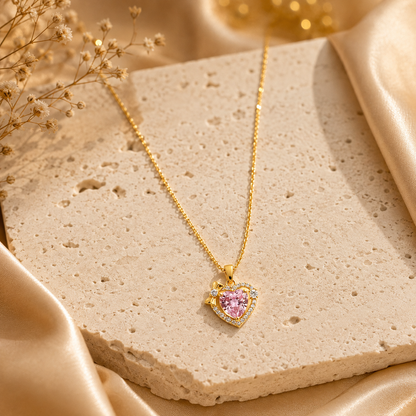 Classic Pink Heart Halo Bow Necklace GWN -79