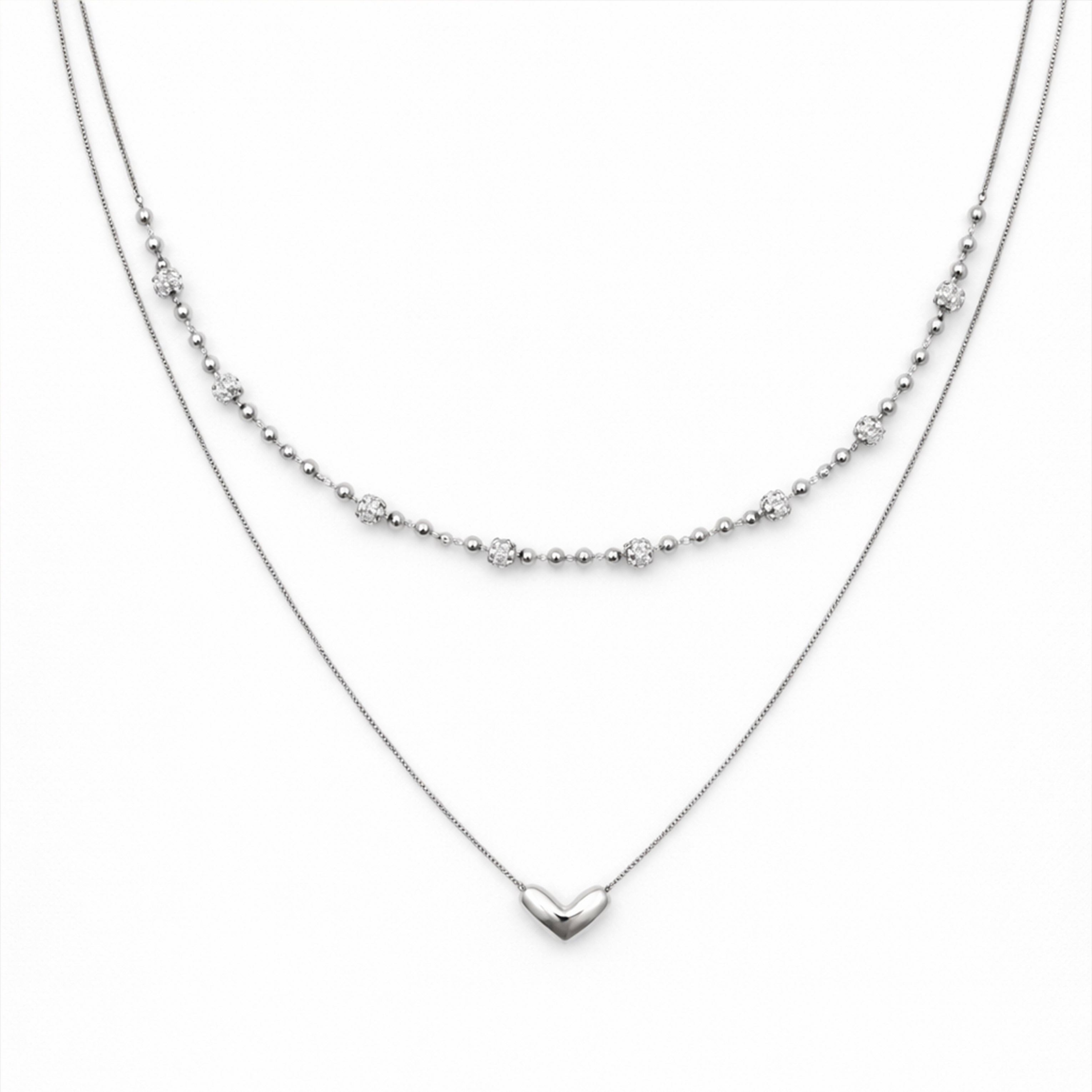 Modern Dual Layer Beaded Heart Necklace Silver GWN -64