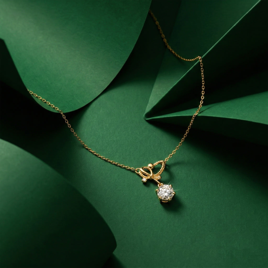 Modern Crystal Ribbon Bow Solitaire Necklace GWN -129