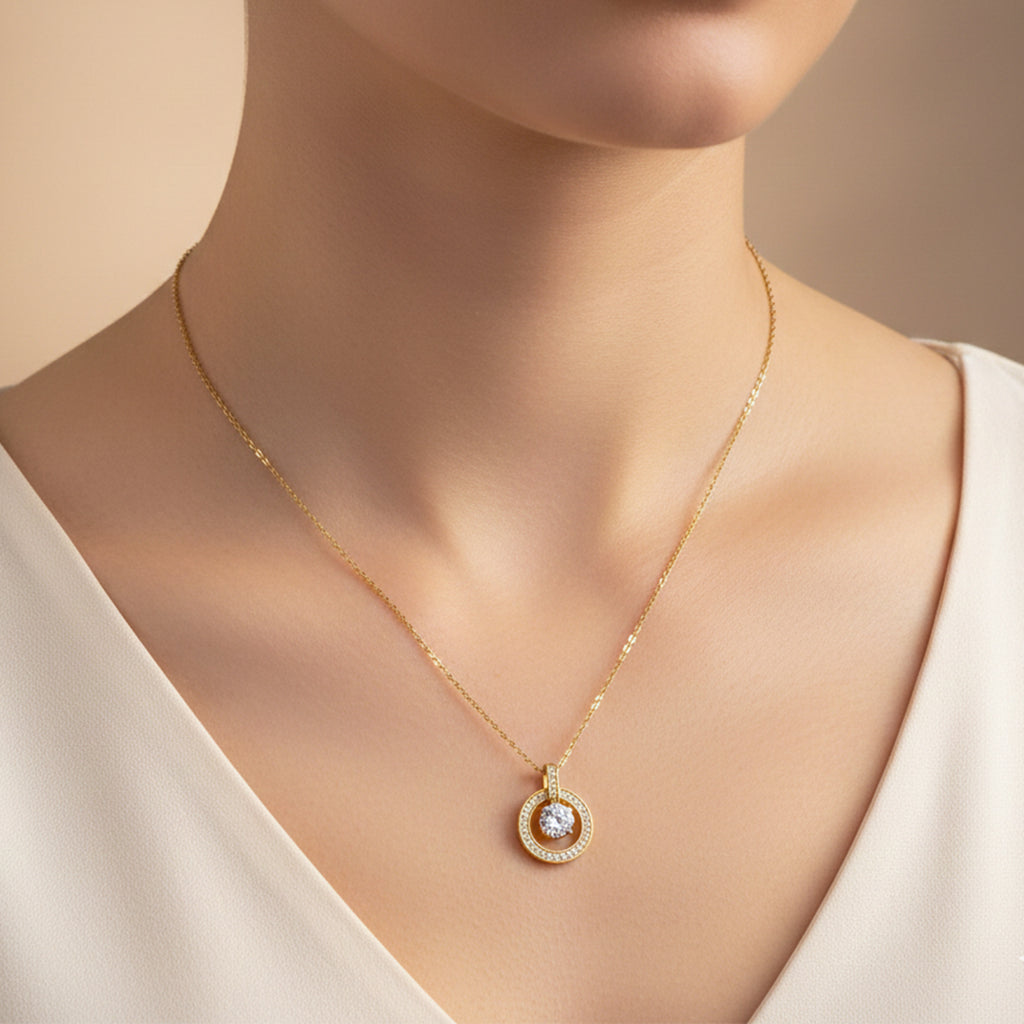 Modern Circular Solitaire Halo Necklace GWN -139