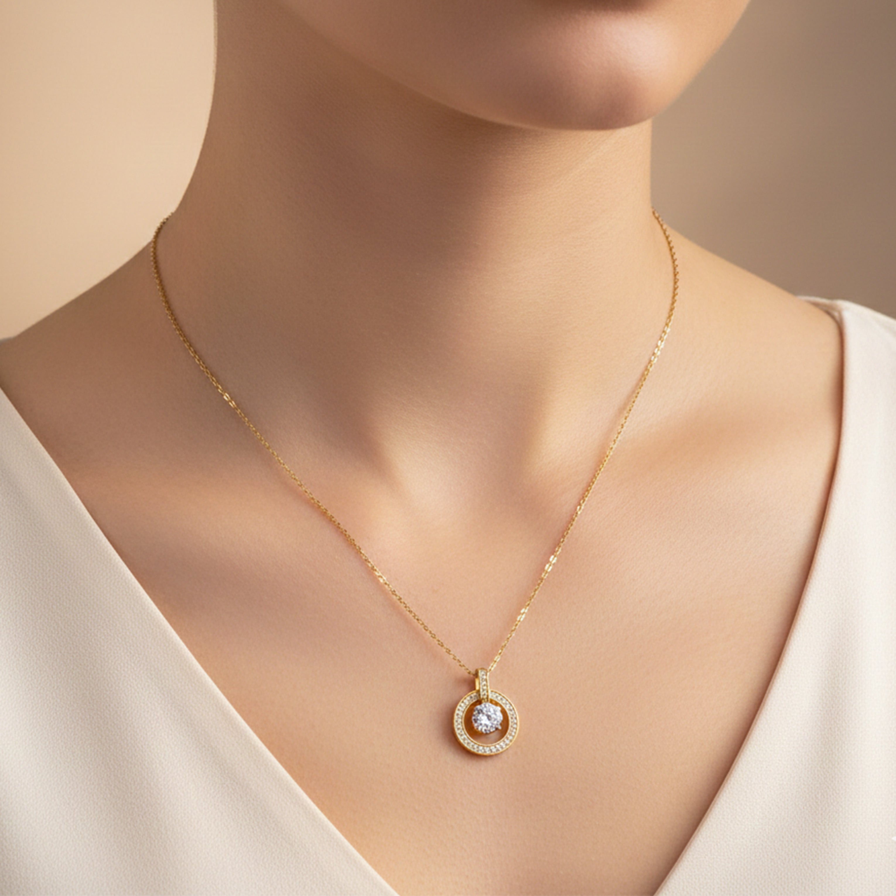 Modern Circular Solitaire Halo Necklace GWN -139