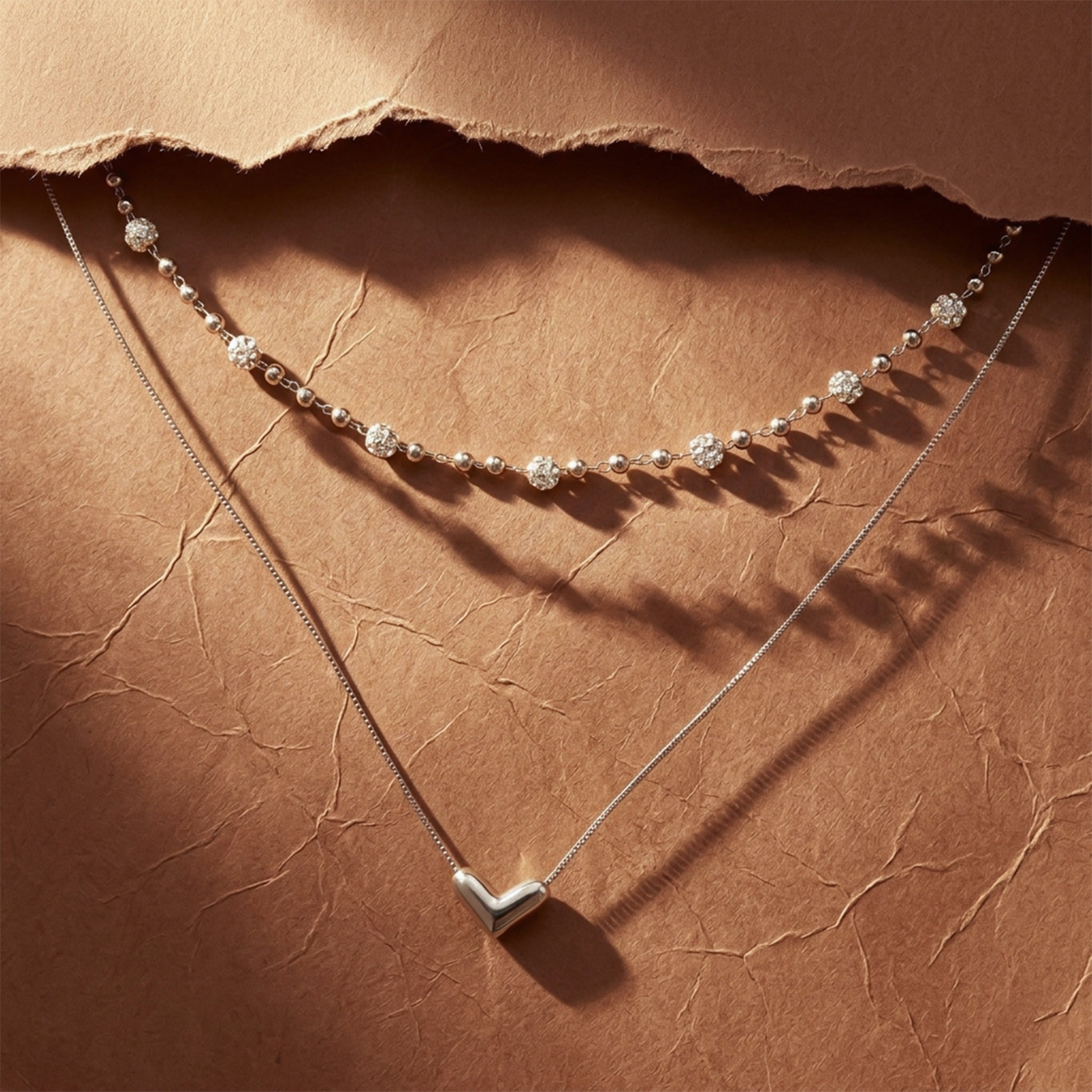 Modern Dual Layer Beaded Heart Necklace Silver GWN -64